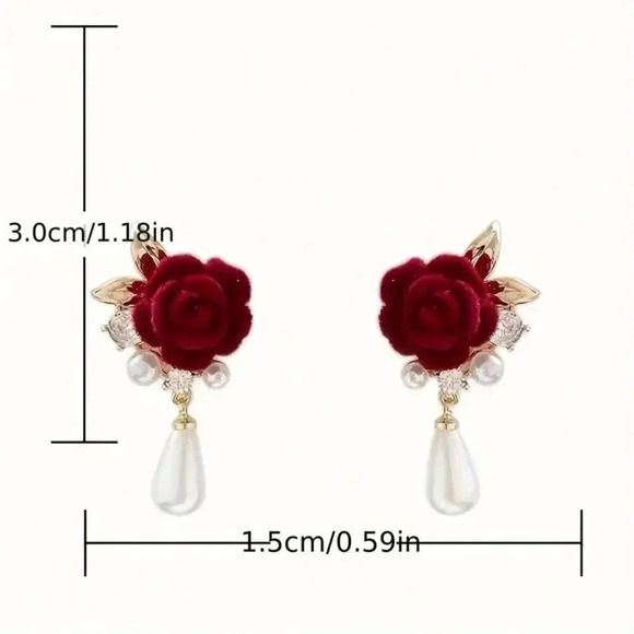 Rose Drop Earrings with Rhinestones and Faux Pearls earrings set - Picture 3 of 4